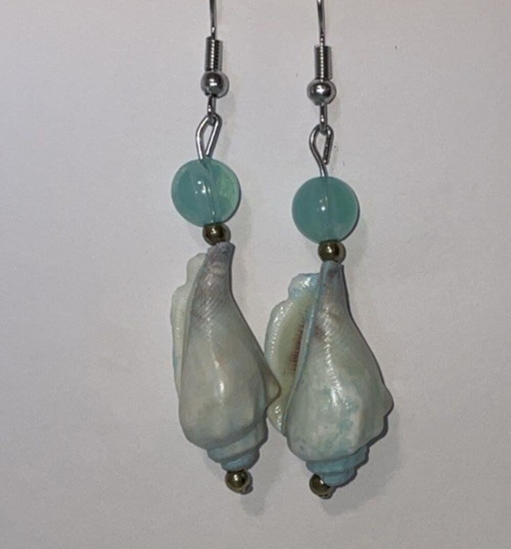 Handmade Coastal Pacific Mini Conch Shell Blue Teal Gray Dangly Earrings 2”